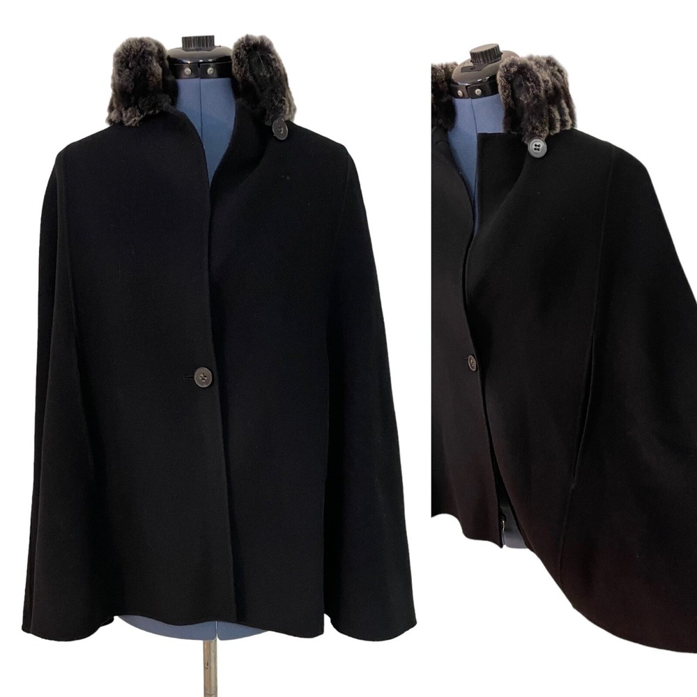 Theory Melowa Black Wool Swing Cape Coat w Gray Rabbit Fur Collar Quiet Luxury P